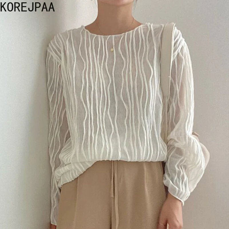 

Korejpaa Chic 3D Stripe Blouse Women Perspective Long Sleeve O-neck Shirt Female Elegant Solid Color Korean Top Blusas Mujer