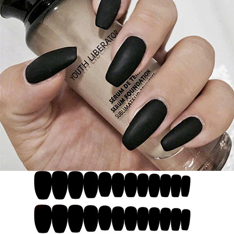 24pcs Wine Red Matte Coffin Ballerina False Nail Art Tips With Glue Acrylic Full Cover Fake Nails Manicure Press on Tools | Красота и