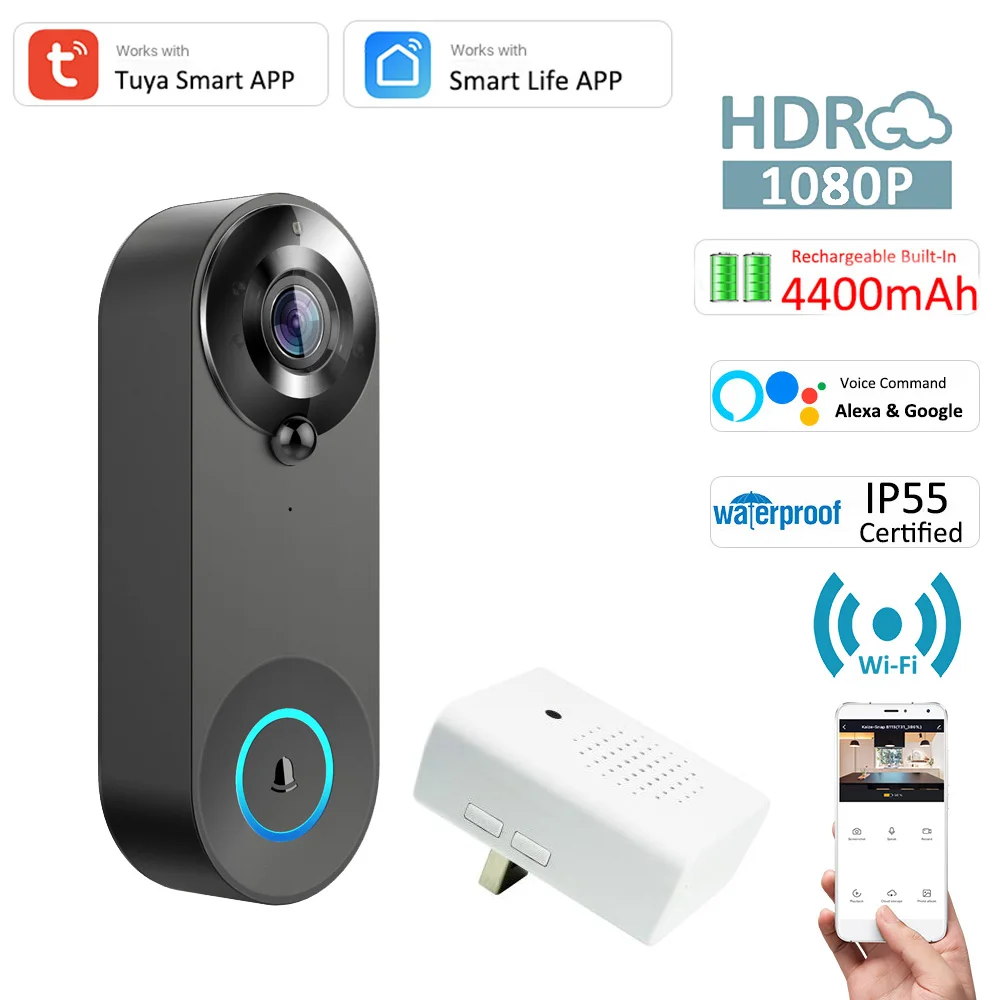 Tuya Smart Встроенный аккумулятор 4400 мАч Видеокамера дверного звонка 1080P