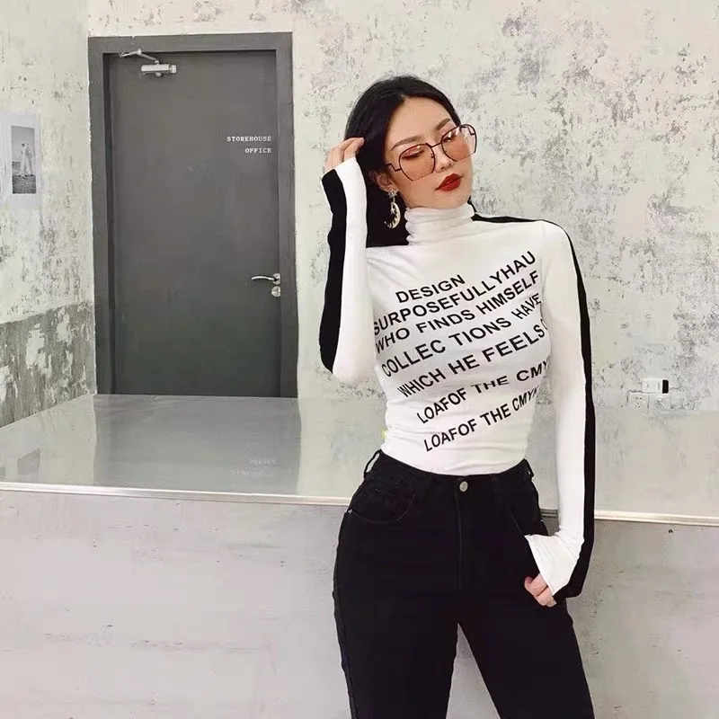 

Повседневный Топ с надписью, Женский Топ с высоким воротником, черно-белый контрастный топ с длинными рукавами на осень и зиму, рубашка S614