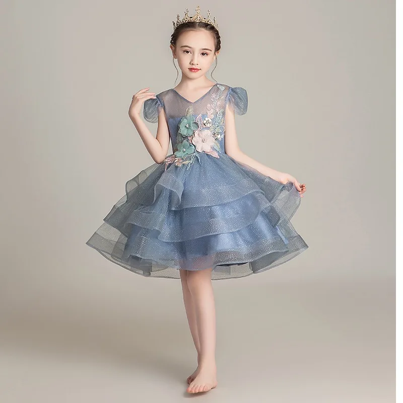 

Katoen Princess Tulle Evening Dress Kids Tailing Embroidery Birthday Party Gown Elegant Catwalk Host Dresses