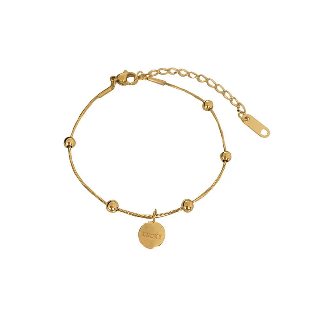 

New Temperament Round Plaque Round Bead Engraved Bracelet Fashion Women LUCK Good luck Titanium Steel Gold Plated Colour