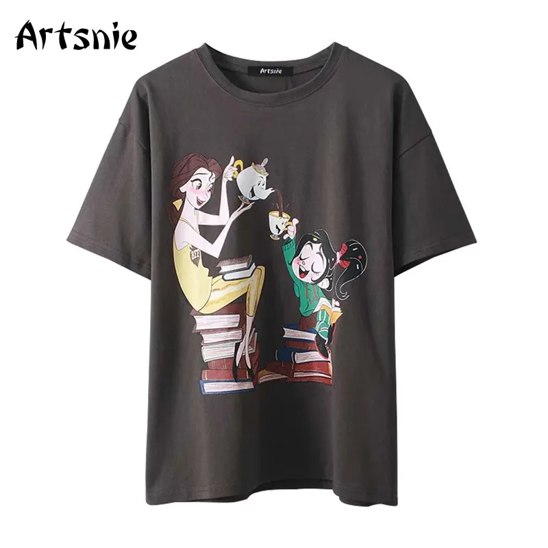 

Artsnie Disney футболка с мультяшным принтом для женщин Лето 2021 круглый вырез короткий рукав темно-серый топы Уличная Повседневная женская футбол...