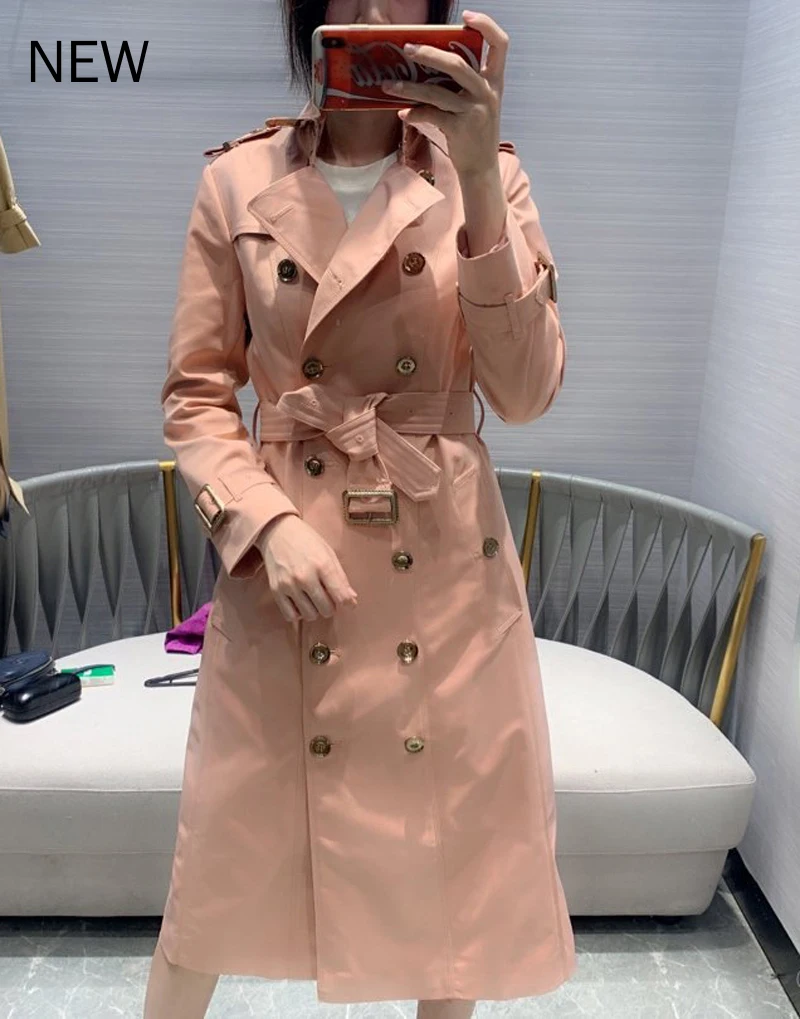 

luxury high-end elegant women streetwear X-long trench coat 2020 fall winter solid double breasted slim belt overcoat pink S229