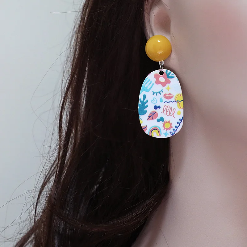 

2021 Unique Arylic Earrings Korean Vintage Earring Colored Print Trendy Summer Boho Earrings Geometric Fashion Women Accessories