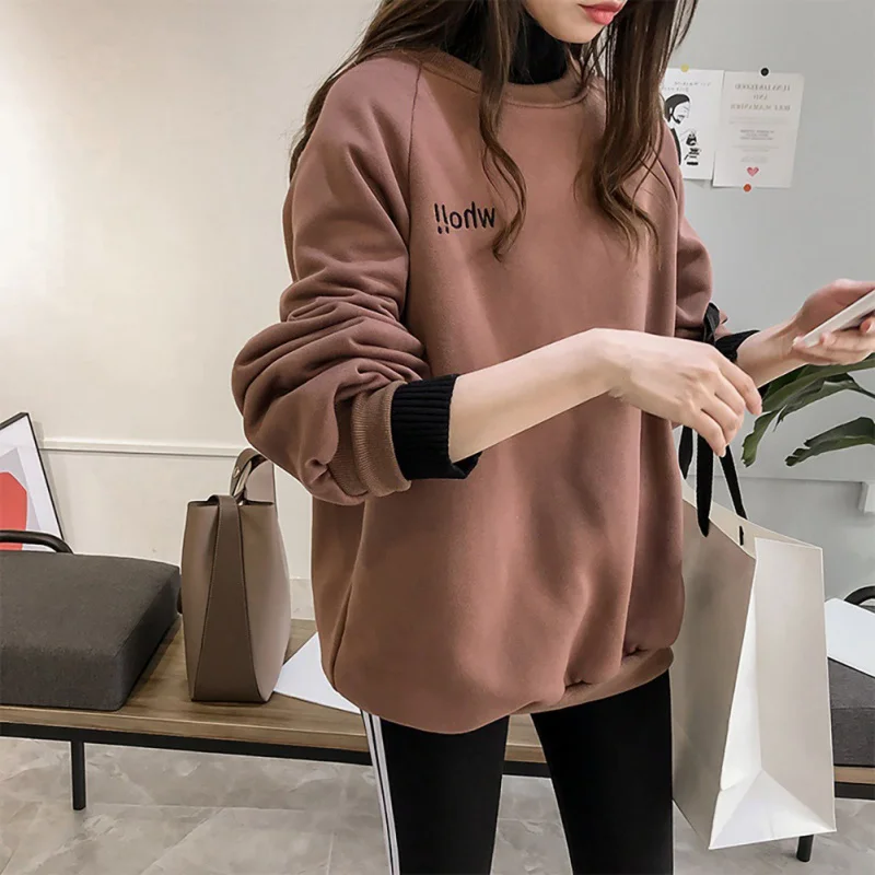 

Women Autumn Winter Chic Fake Two Pieces Sweatshirt Long-sleeved Thick Pullover Casual Sweatshirt