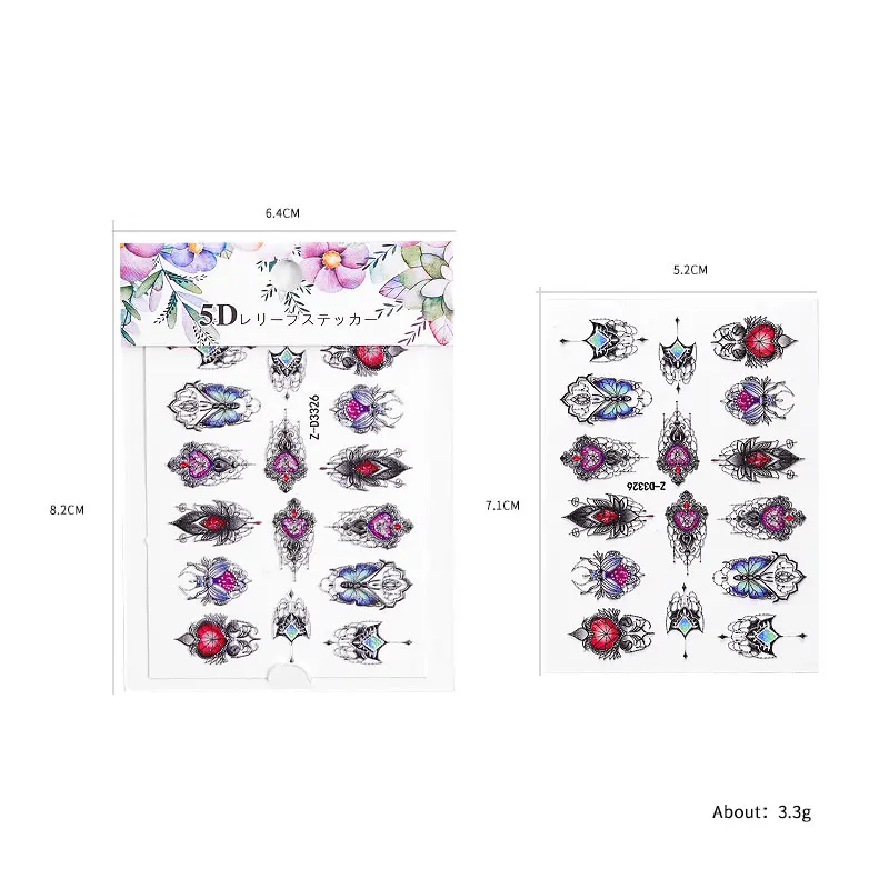 5D самоклеящиеся тиснением ногтей наклейки печать Принцесса цветы перья Empaistic