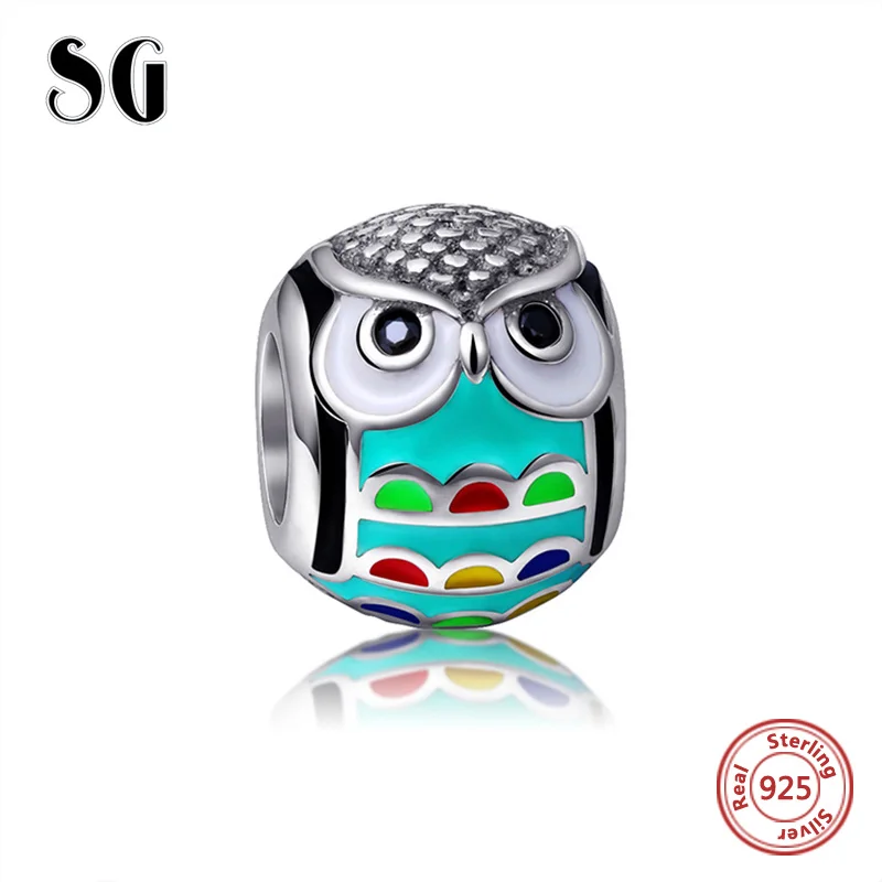 SG 925 Серебро милые животные Сова Подвески бусины с разноцветной эмалью Fit