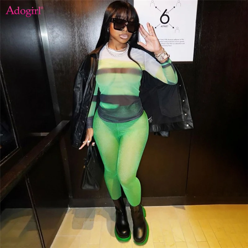 

Adogirl Stripe Print Mesh Two Piece Set Y2K Women Sexy Long Sleeve T-shirt Top Tight Slim Pants Autumn High Street Suits