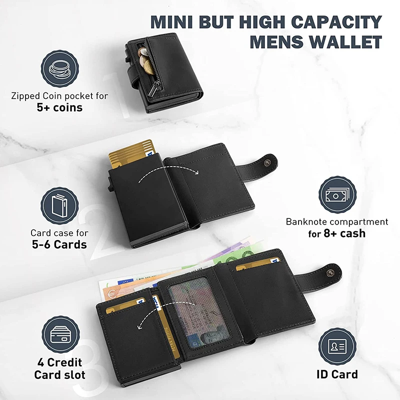 Card Holder Wallet Slim Minimalist Pop Up Leather Men Wallets RFID Blocking Metal Bank Card Case with Coins Pocket 3