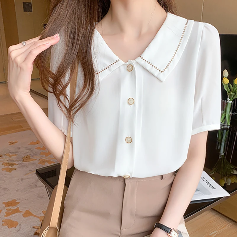 

Shintimes Peter Pan Collar Women Blouse Button White Blouses Short Sleeve 2021Summer Tops Casual Woman Clothes Chemisier Femme
