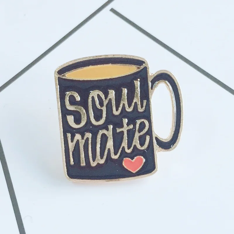 Броши для кофейных чашек Soul Mate женщин и мужчин эмалированная булавка черный