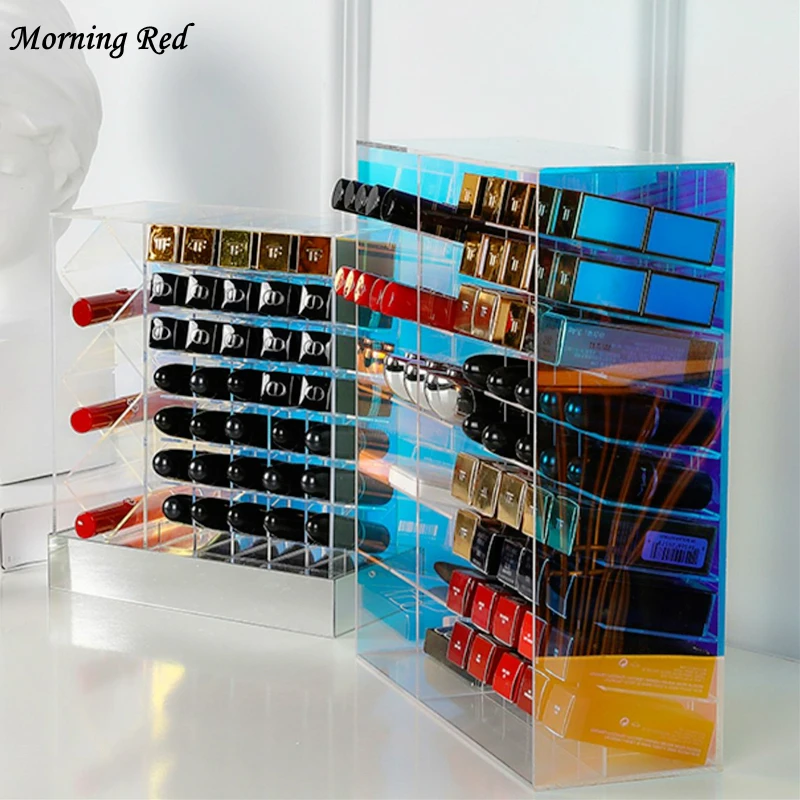 Acrylic Colorful Lipstick Holder Large Capacity Long Lip Storage Box Multi Grid Makeup Rack Dressing Table Eye Cream Organizer