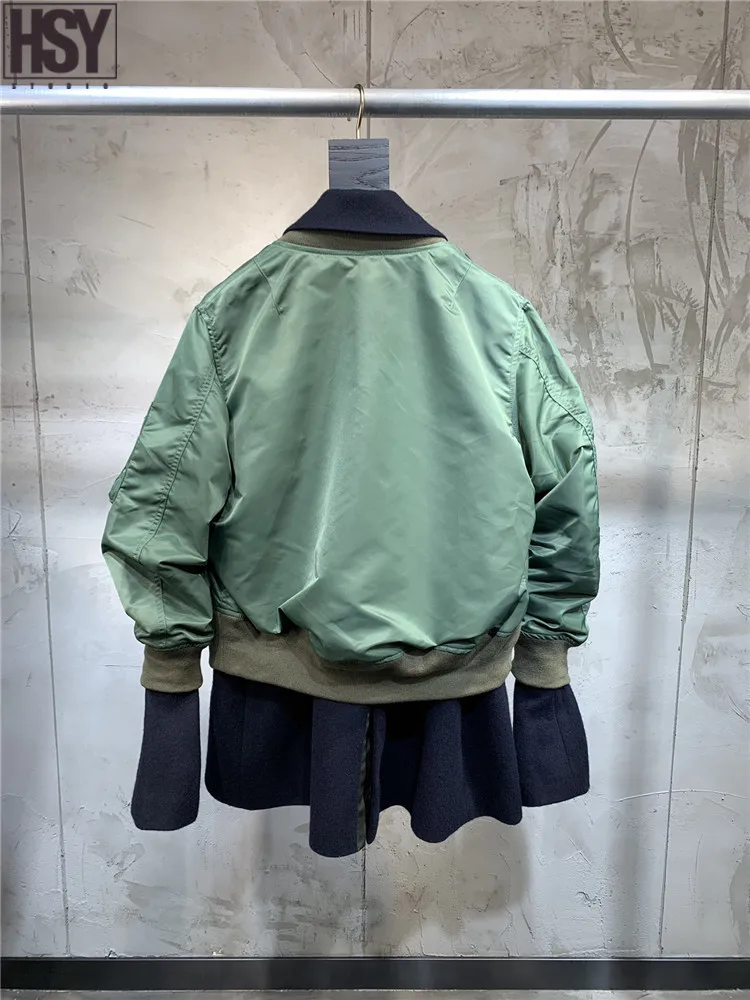 【HSY】 осень зима новые женские поддельные двухсекционные пальто короткая куртка на молнии Лоскутная куртка с длинными рукавами и отворотом 2 цвета