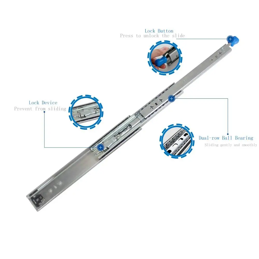 

32" 34" 36" 38" 40" 42" 44" 46" H53mm Heavy Telescopic Ball Bearing Drawer Slide RV Steel Box Full Extension Industrial Lock