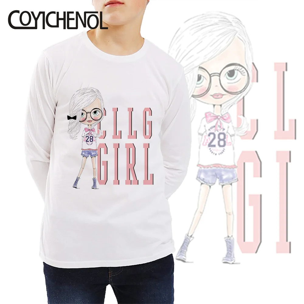 

Hand Drawn Fashion Cute girl print kids tshirt 2019 Spring and autumn 2-12 Years long sleeve Kid Printed cartoon Tops COYICHENOL