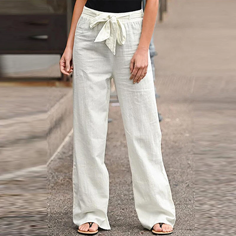 

Autumn Women Loose Pants Fashion Solid Color Elegant Long Pants Spring Casual Cotton Linen Elastic Waist Lace-Up Trouser Ladies