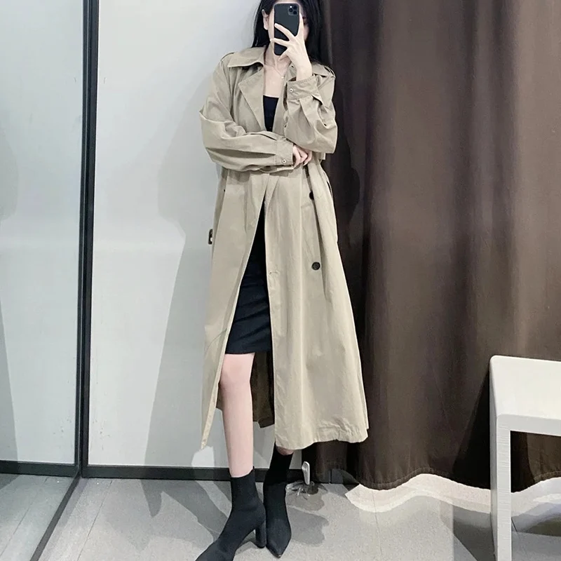 

FTLZZ New Autumn Women Loose Khaki Long Trench Coat Casual Female Turn Down Collar Double Breasted Windbreaker Outwear with Belt