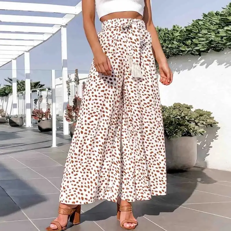 

Boho Leopard Print Wide-leg Pants Elastic Waist Band Loose Tassels Tied Women's Pants High Waist Pants Casual Horn Boho Pants