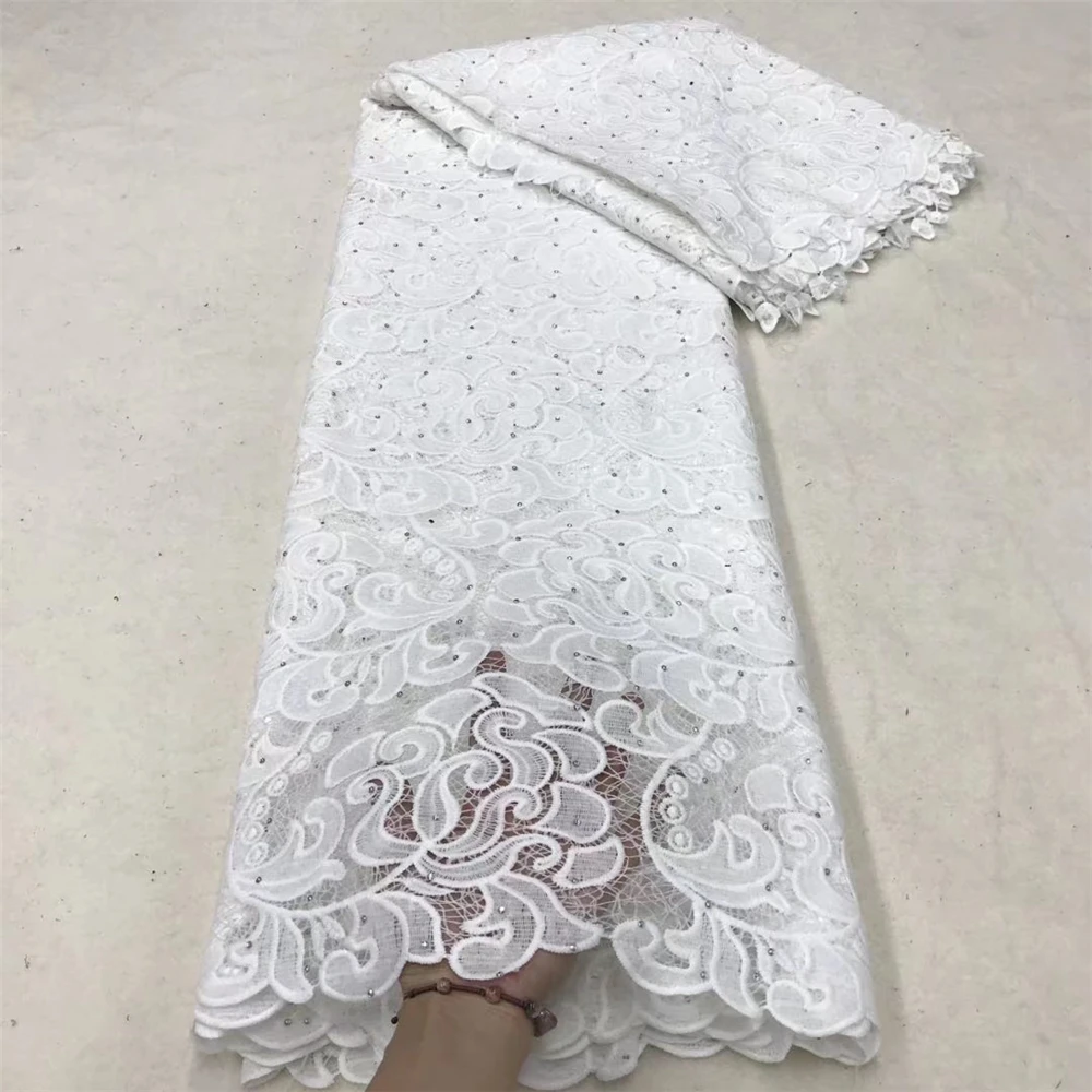 Анна белый Африканское молочного цвета Шелковое кружево ткань вышивка с камнями