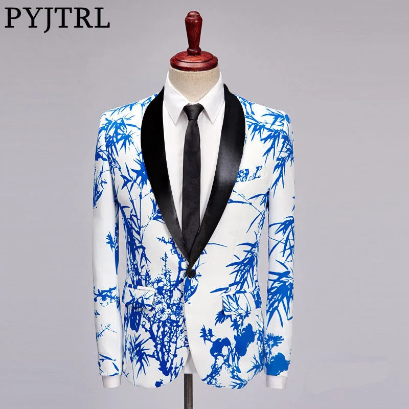 PYJTRL Tide мужской модный синий бамбуковый принт повседневный костюм куртка Homme Botones