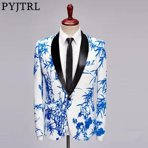 PYJTRL Tide мужской модный синий бамбуковый принт повседневный костюм куртка костюм Homme Botones Terno Мужской Блейзер Masculino приталенный наряд