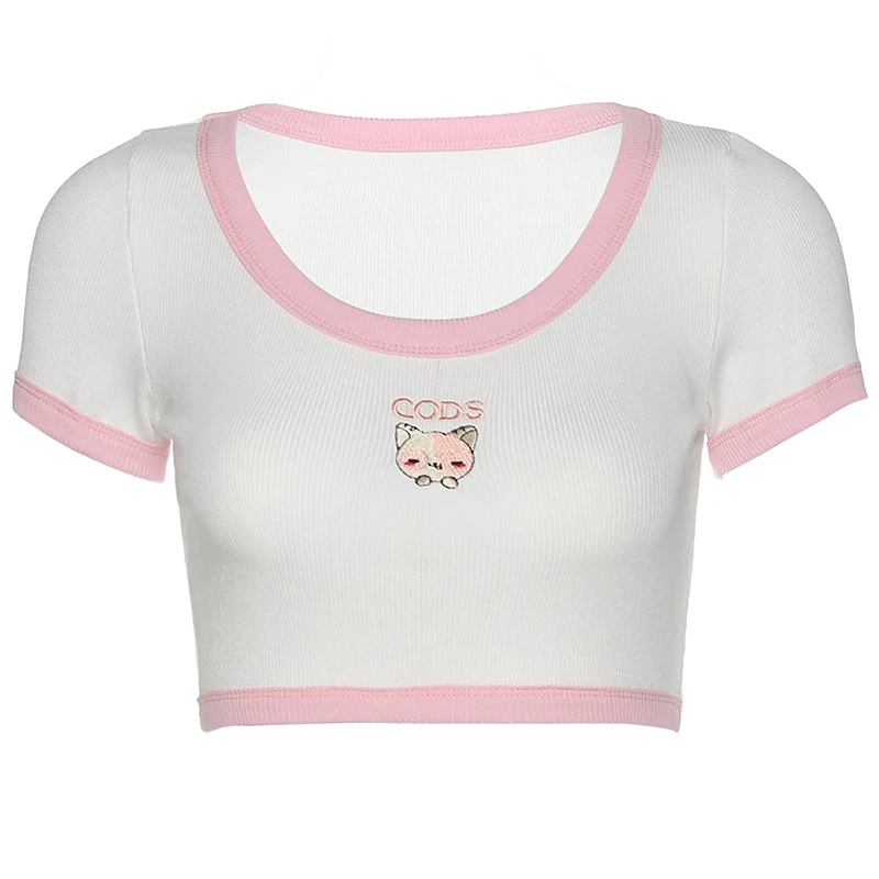 

Summer T-shirt for Women Embroidered Short Sleeve High Waist Exposed Navel Short Pure 90s Harajuku Shirt M219