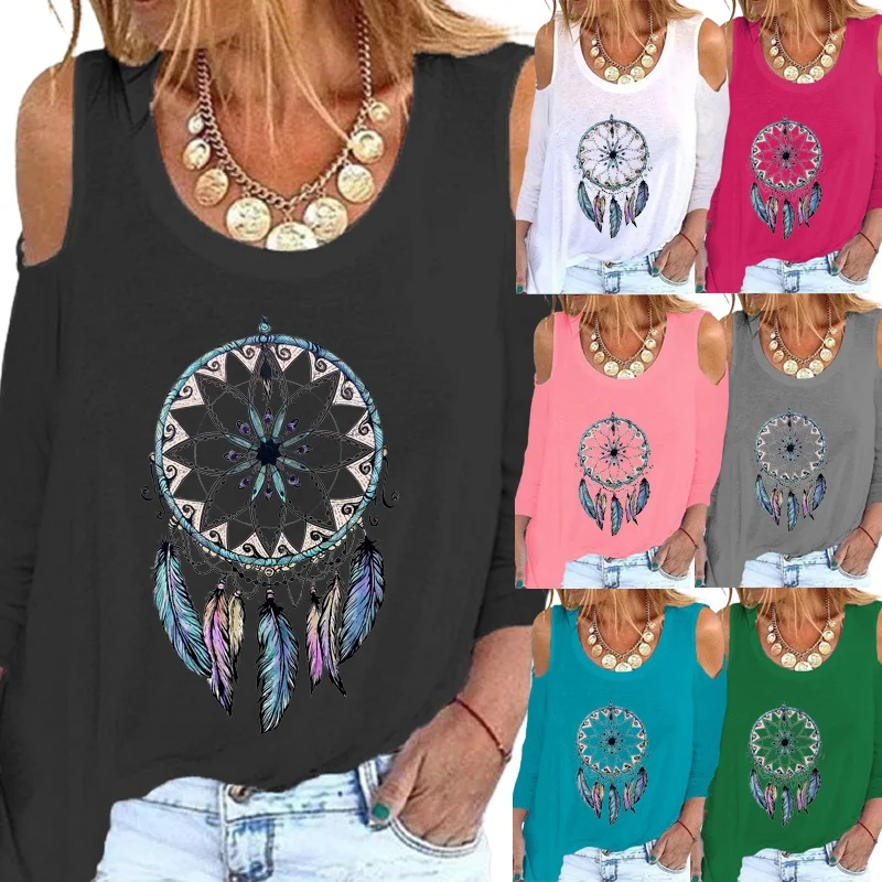 

Женские топы и футболки, свитер с круглым вырезом и длинным рукавом, Повседневная Блузка с открытыми плечами, рубашки с принтом Ловца снов, п...