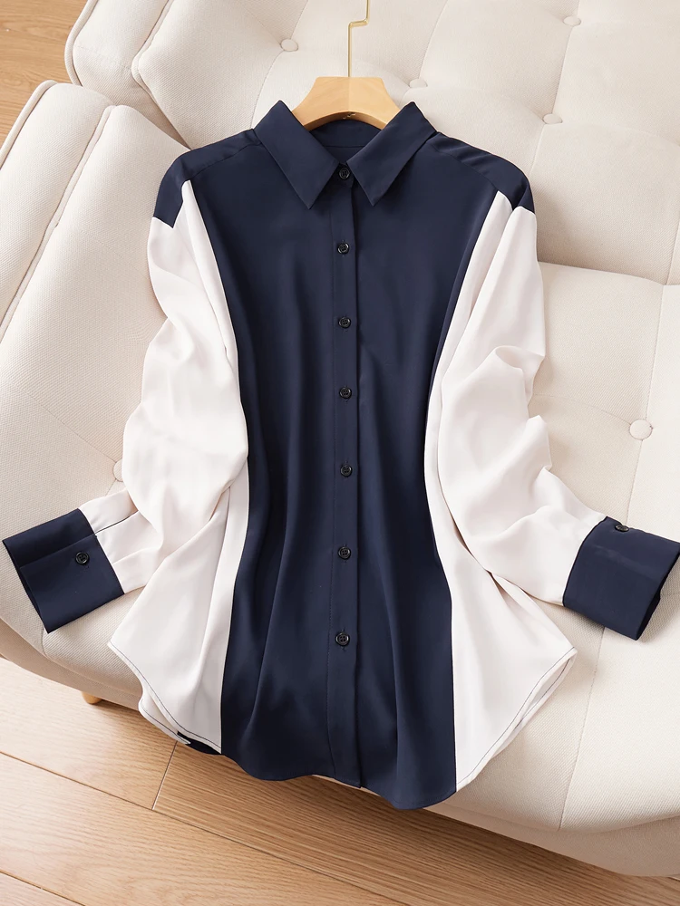 

shirt for women Feminine Blouse loose 2021 spring fashion top Long shirt Color matching Office shirt temperament