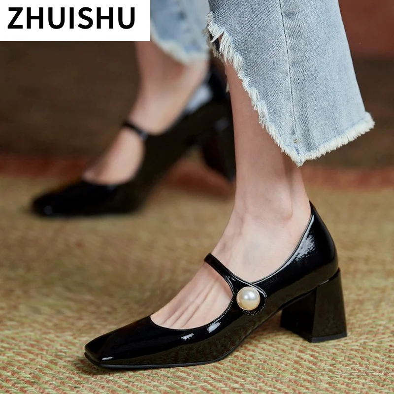 

Женские туфли на высоком каблуке, туфли из искусственной кожи с квадратным носком, украшенные жемчугом и пряжкой, лето-осень 2021