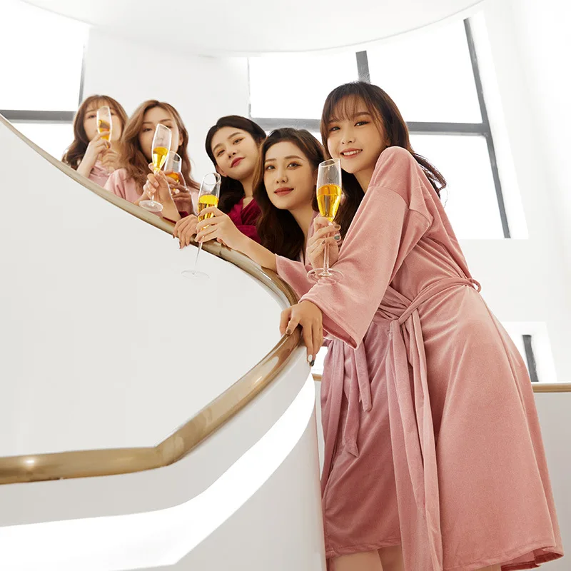 Embroidery Letter Women Kimono Bathrobe Gown Velvet Bride Bridesmaid Wedding Robe Nightwear Velour Sleepwear Intimate Lingerie