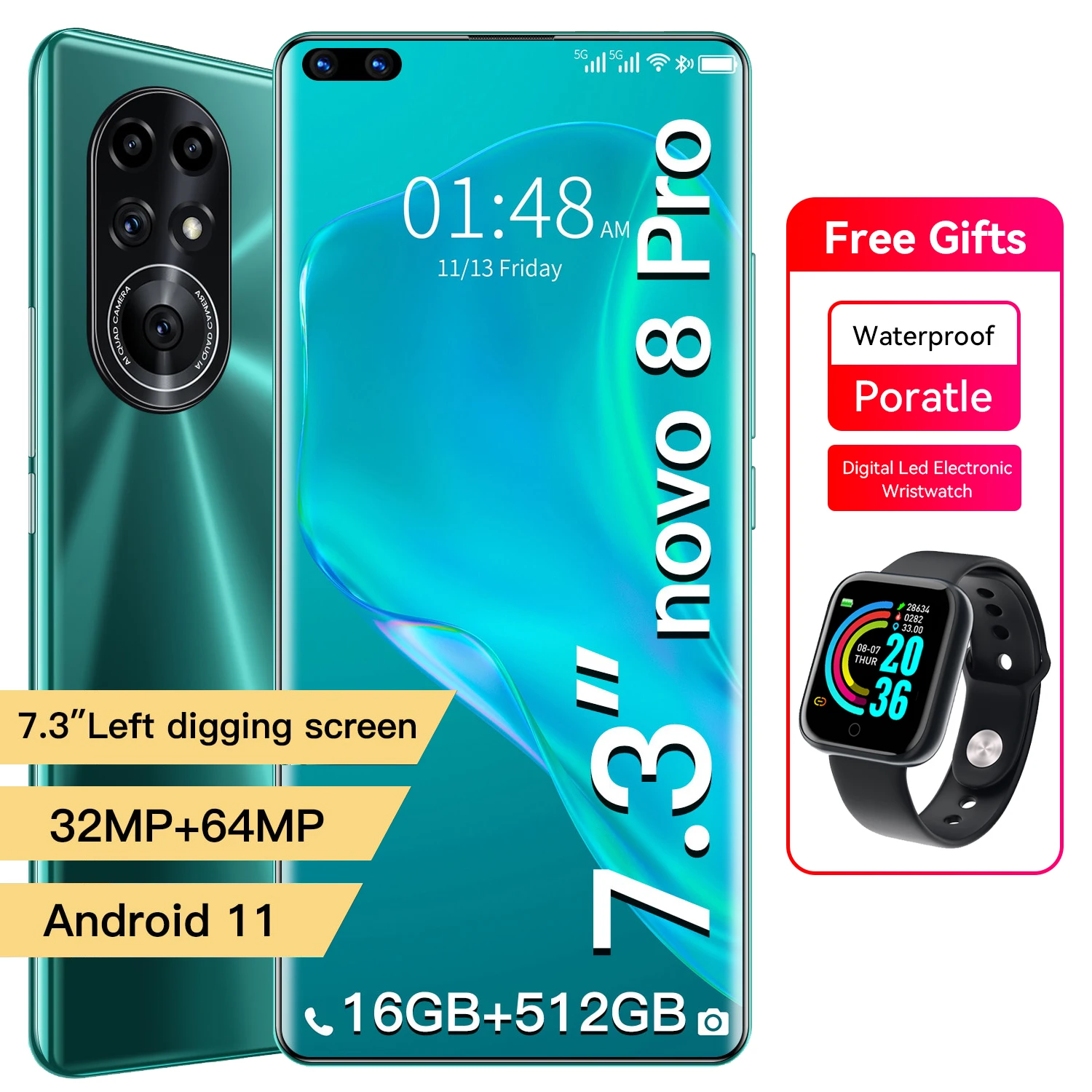 

Hot Novo8 Pro 7.3 Inch Cell Phone Global Version Full Screen 6800mAh 16+512GB 32+64MP Face ID Unlock 4G 5G Android 11 Smartphone