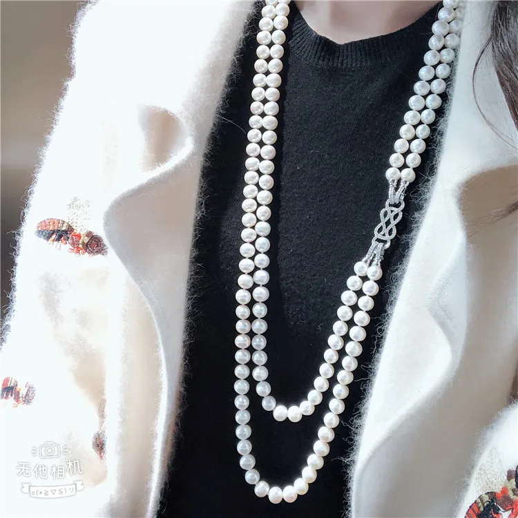 

Women's jewelry 7-8mm white freshwater pearl micro inlaid zircon accessories necklace 25-27inch