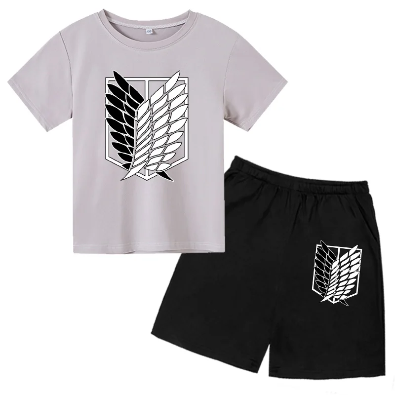 

4-14Y Anime Attack On Giant Children's T-Shirt+Shorts Boy Costume Set Anime Top Summer T-Shirt Cartoon Streetwear Boys Costume