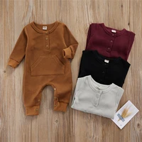 0 18 months newborn baby toddler casual rompers boy girl waffle snap round neck solid color long sleeve jumpsuit with pocket
