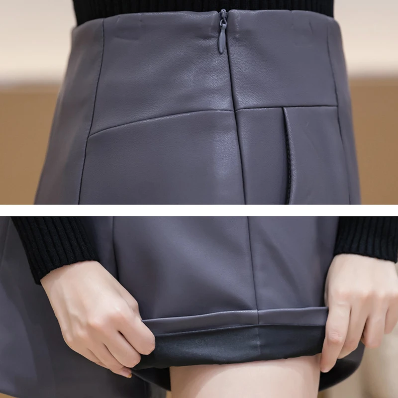 

Fashion high waist leather PU shorts for women 2020 autumn winter soft faux leather women shorts a-line wide leg shorts women