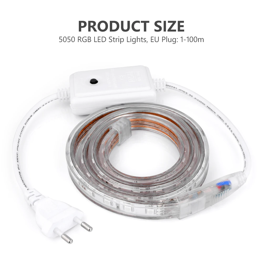 

New SMD 5050 RGB LED Strip Light 220V Power Supply EU Adapter 1m/5m/10m/50m/100m Flexible Colorful LED Strip 220V