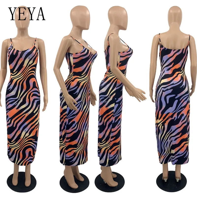 

YEYA Vintage Party Dresses Print Package Hip Skinny Sleeveless Spaghetti Strap Off Shoulder Hollow Out Nightclub Party Bodycon