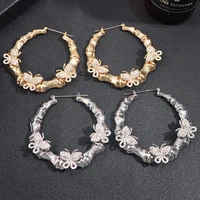flatfoosie new shiny crystal butterfly bamboo hoop earrings for women fashion babygirl letter big bamboo circle earrings jewelry
