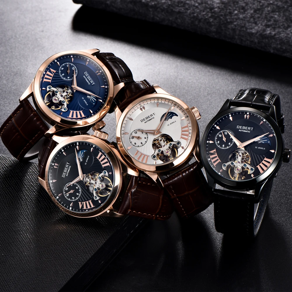 Чехол из сплава с белым циферблатом и золотыми стрелками deber 41 мм Moon Phase Tourbillon 22