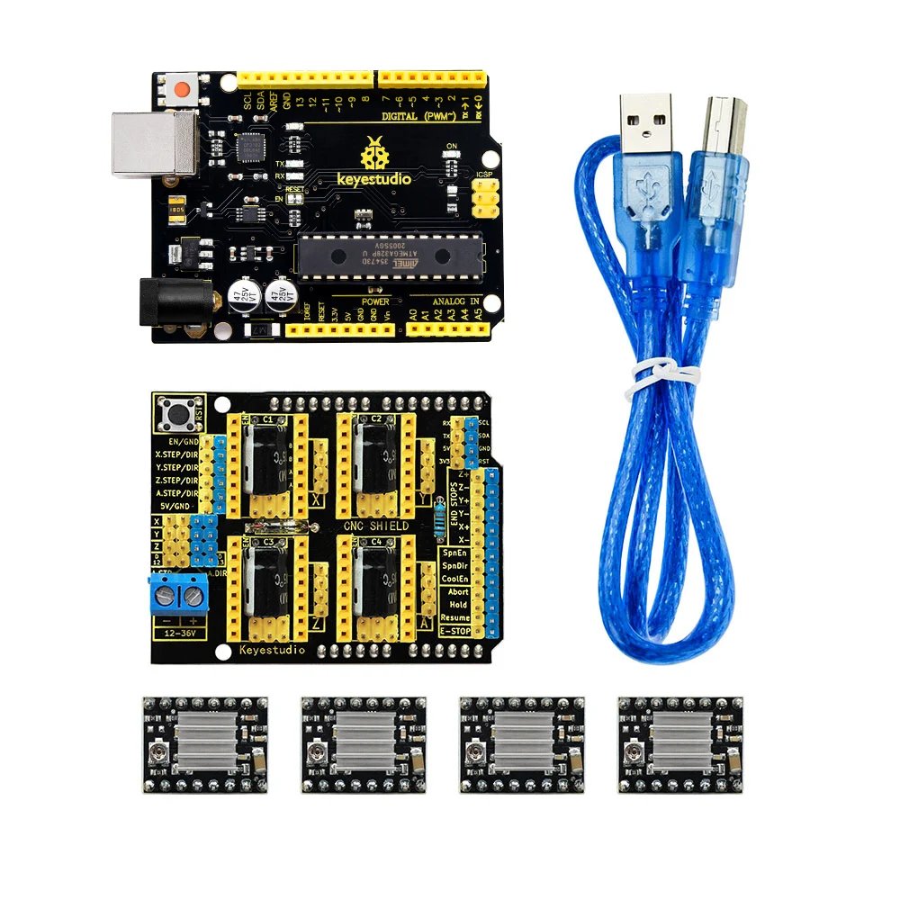 Плата для ЧПУ Keyestudio V3.0 + плата V4.0 4 драйвера A4988 с радиатором комплектов Arduino