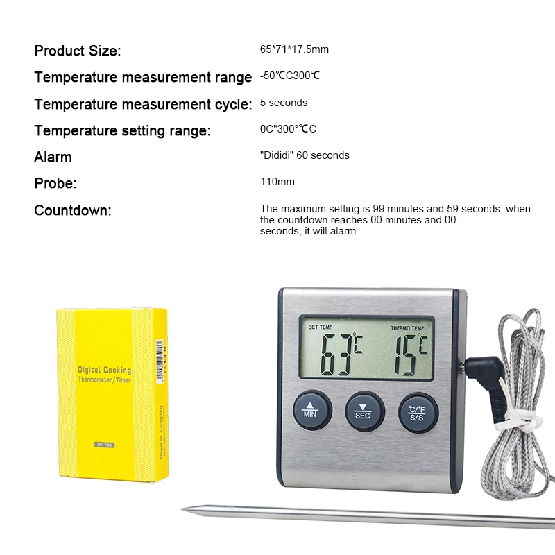 

Kitchen Food Probe Thermometer F/C Stainless Steel BBQ Thermometer Household Bracket Design Electronic Baking Grill Countdown