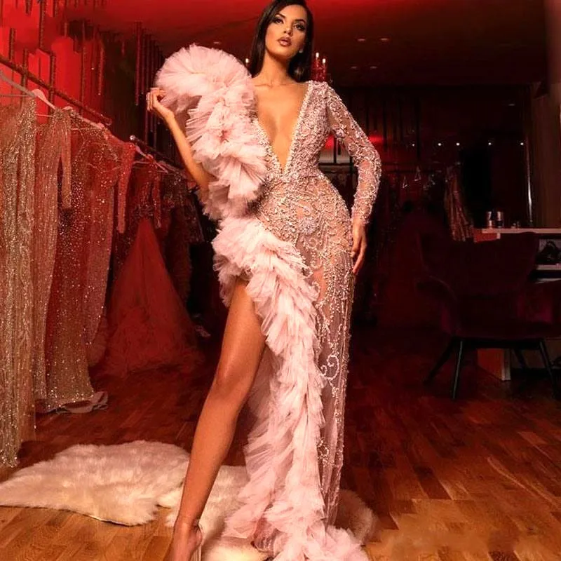 Luxury Mermaid Prom Dresses One Shoulder Beading Sequins Ruffles Illusion Long Sleeves Evening Dress Deep V Neck robe de soiree