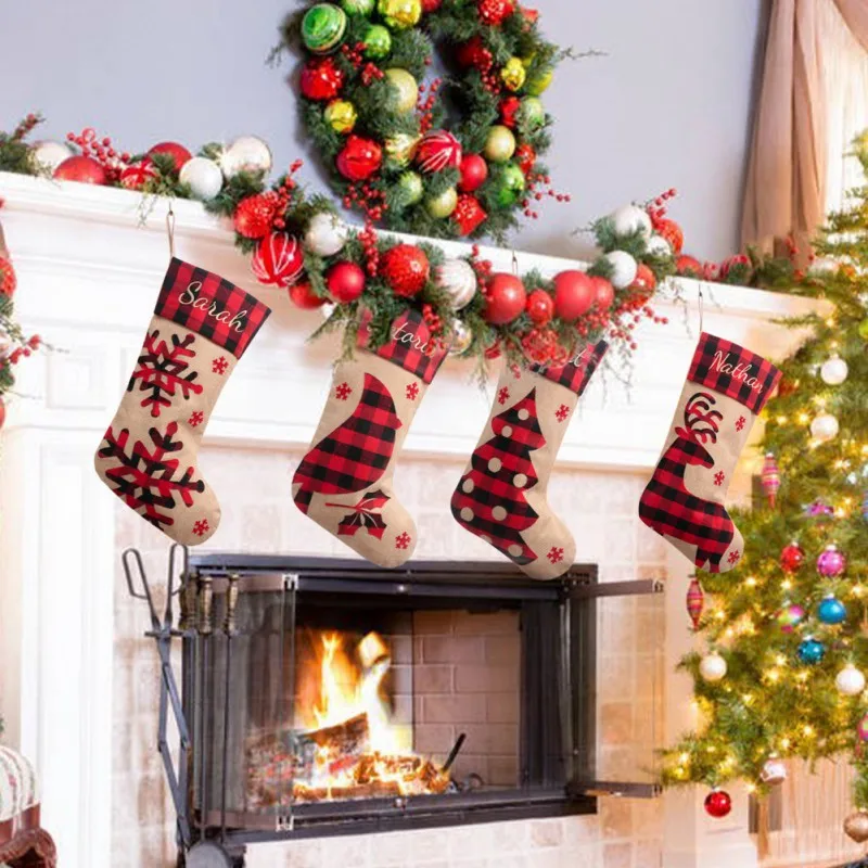

Red And Black Buffalo Check Plaid Christmas Stockings Burlap Snowflake