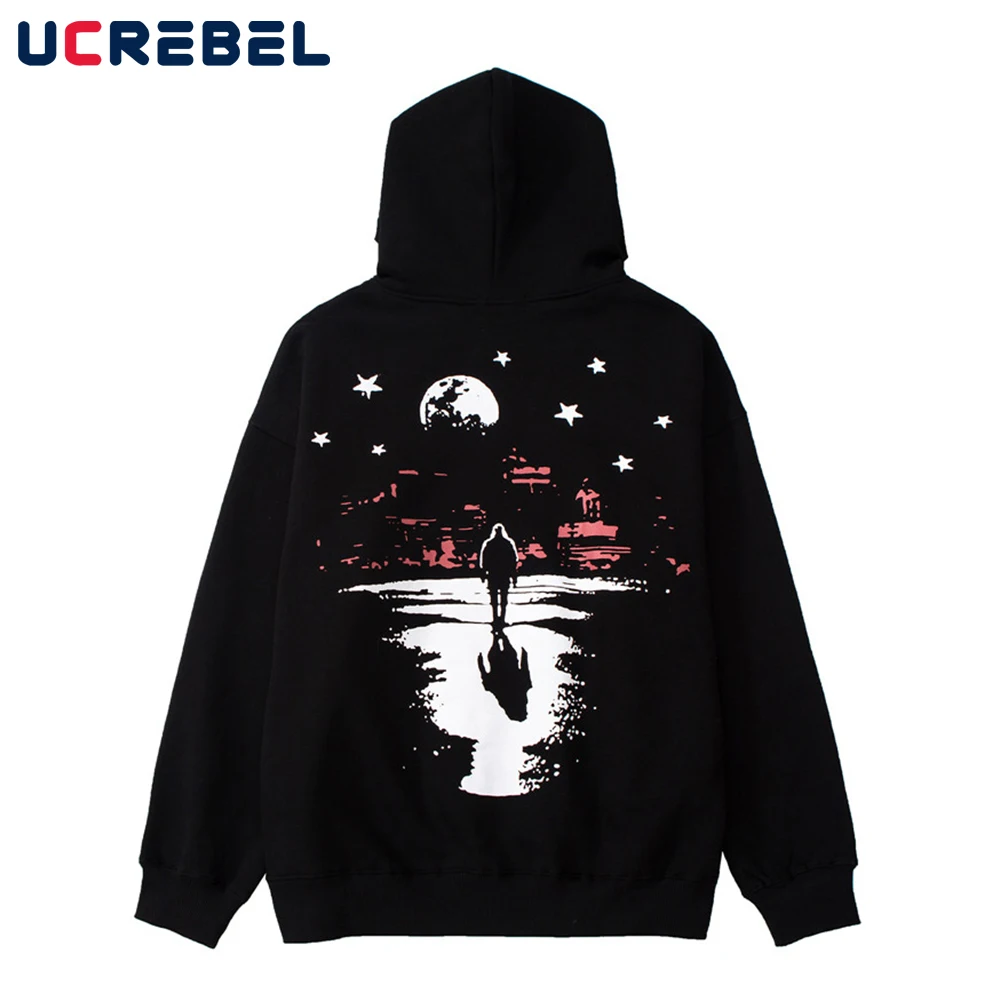 

Landscape Print Fleece Sweatshirts Mens Autumn Streetwear Thick Hoodies High Street Loose Casual Long Sleeve Pullover Men