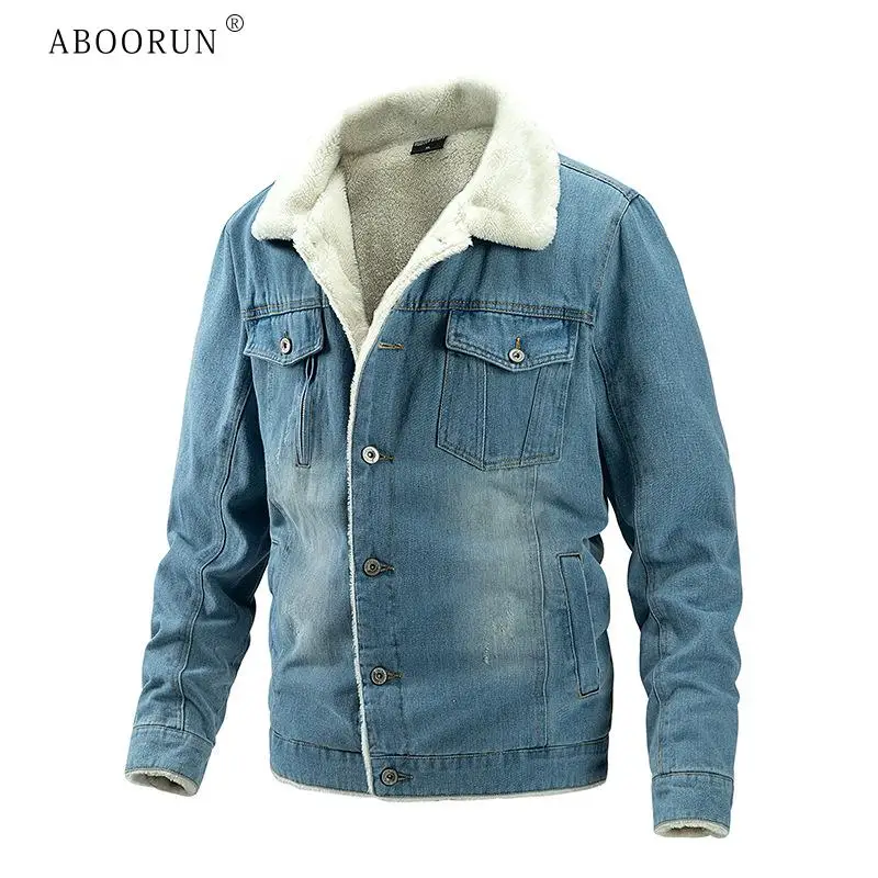 ABOORUN мужская повседневная флисовая джинсовая куртка с передними карманами