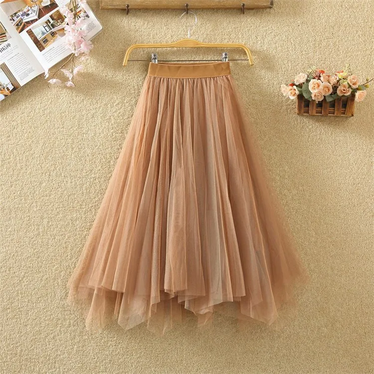

Women Midi Skirts 2020 Spring Summer High Elastic Waist Irregular Mesh Skirts Tutu Tulle Long Skirts Daily Casual Korean Style