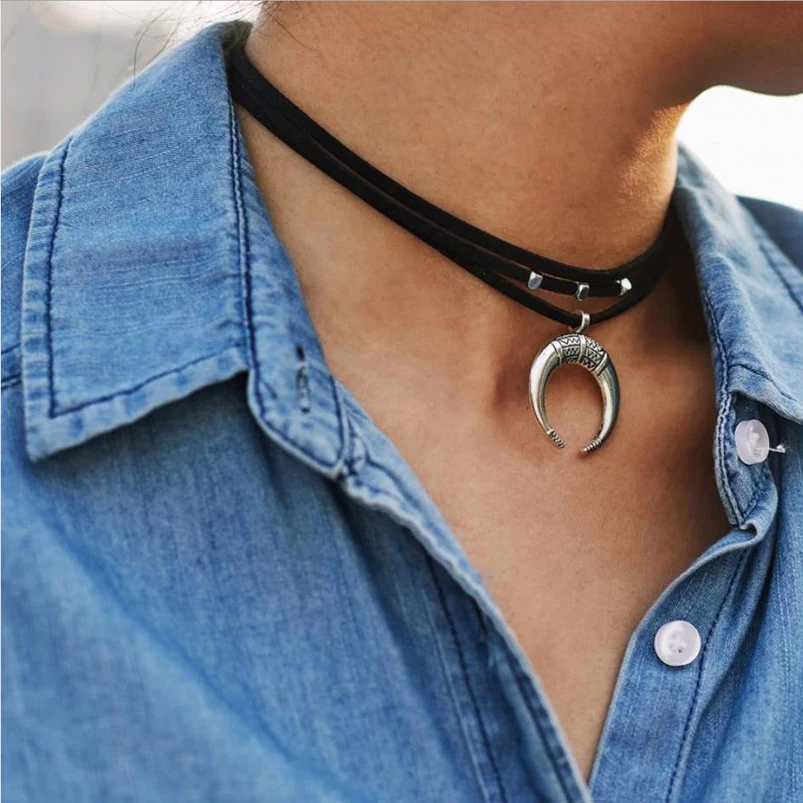 

Choker Layers Necklace Black Pu Belt with Moon Oxford Fish Tail Pendant Bead Charm Square Cube Extended Metal Chain