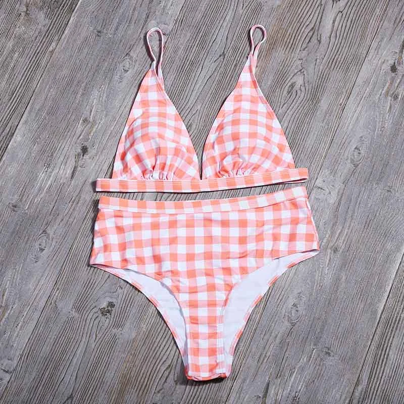 Новинка Одноцветный купальник в клетку женский с высокой талией принтом