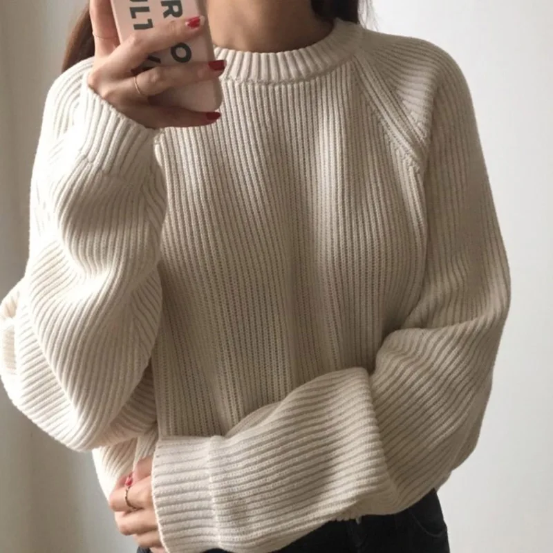 

Korean Fashion Ladies Full Sleeve Women Knitting Basic Sweater Solid O-Neck Pullover Casual Jumper Loose Sweater Hot Sale